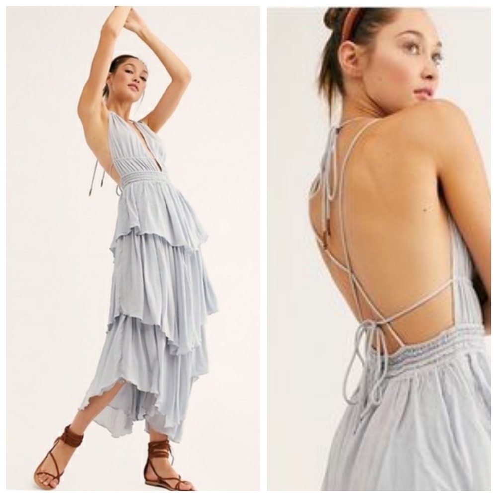 Free People Endless Summer Drop Dead Beauty Tiered Maxi Dress In Chambray Mist